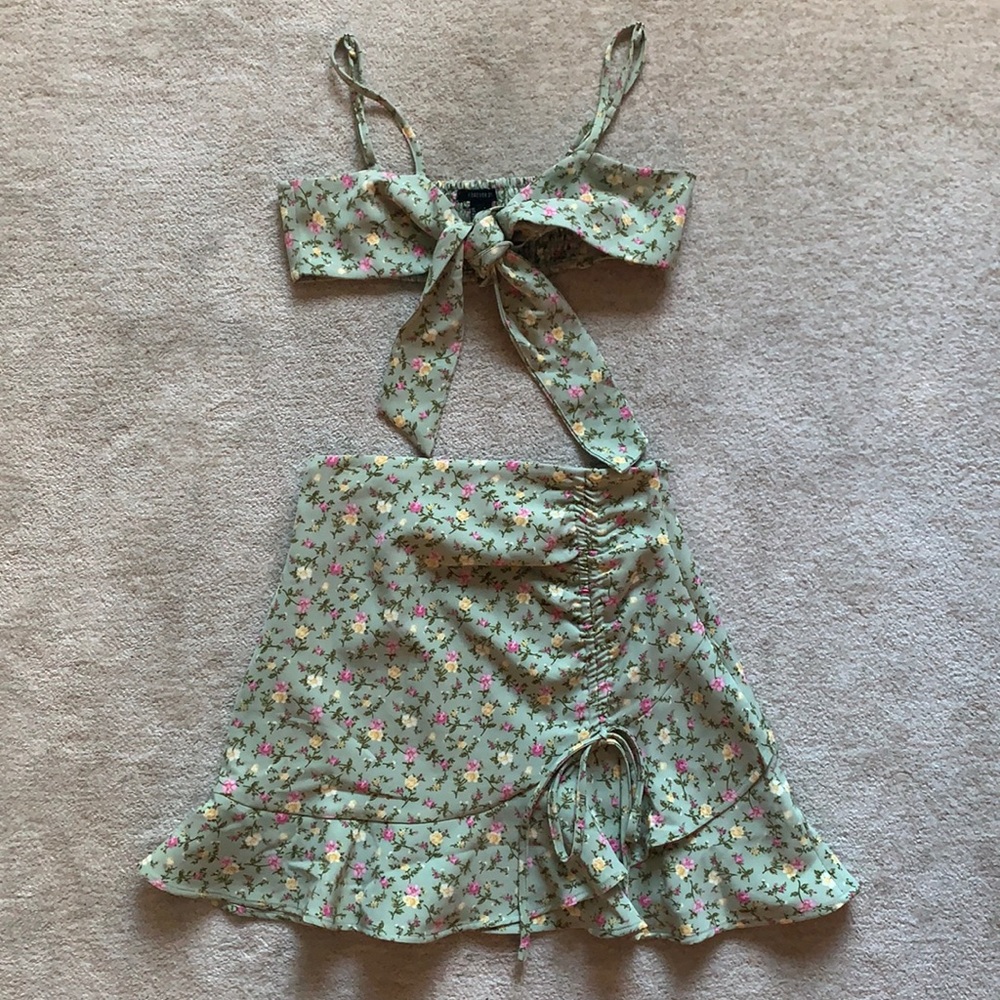 Sage Floral Skirt and Tie-front Top Set